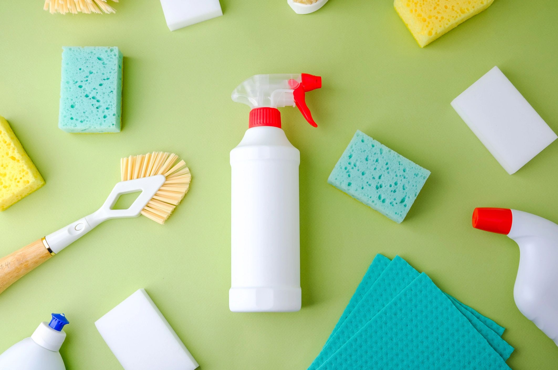 Cleaning supplies representing beginner hot tub maintenance