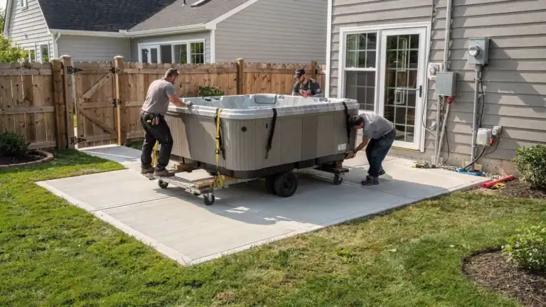 A backyard hot tub installation in progress, with a hard-shell spa being moved onto a level concrete pad, outdoor electrical conduit nearby, and a clear delivery path through a fenced yard.