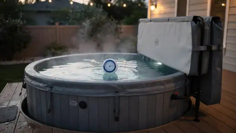 A backyard hot tub with the cover folded open, steam rising from the water, and a floating thermometer showing a comfortable soaking temperature.