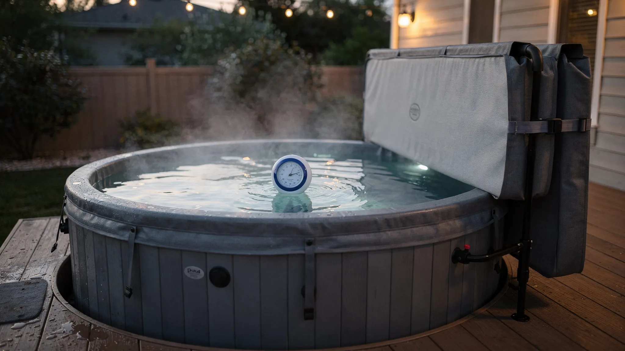 A backyard hot tub with the cover folded open, steam rising from the water, and a floating thermometer showing a comfortable soaking temperature.