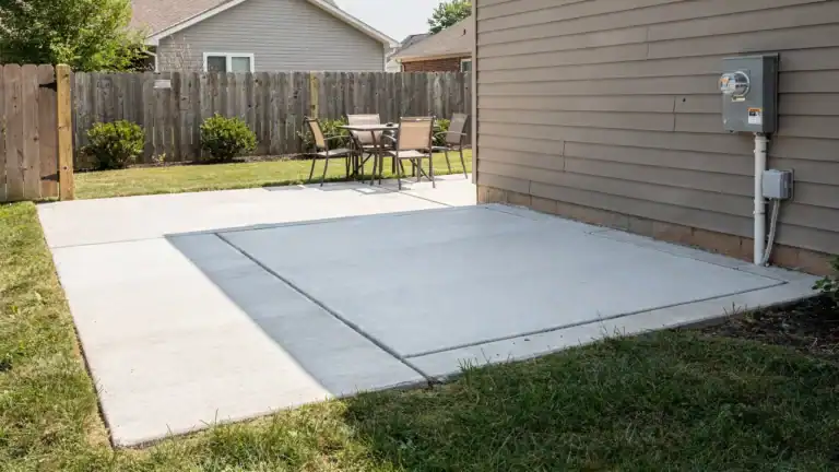 A backyard patio being prepared for a hot tub installation, with a level concrete pad, clear delivery path, nearby electrical disconnect, and open space around the spa location.