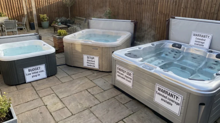 A backyard patio with several hard-shell hot tubs shown in different sizes and styles, including a compact plug-and-play tub, a mid-size family tub, and a larger premium 240V spa, with labels for budget, setup, energy use, and warranty considerations.