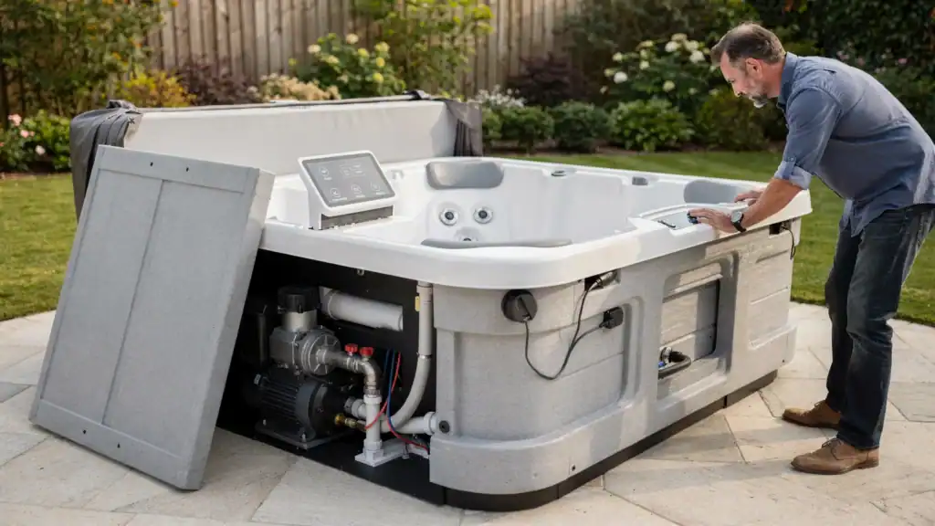 A buyer inspecting an outdoor acrylic hot tub with the cabinet panel open before purchase.