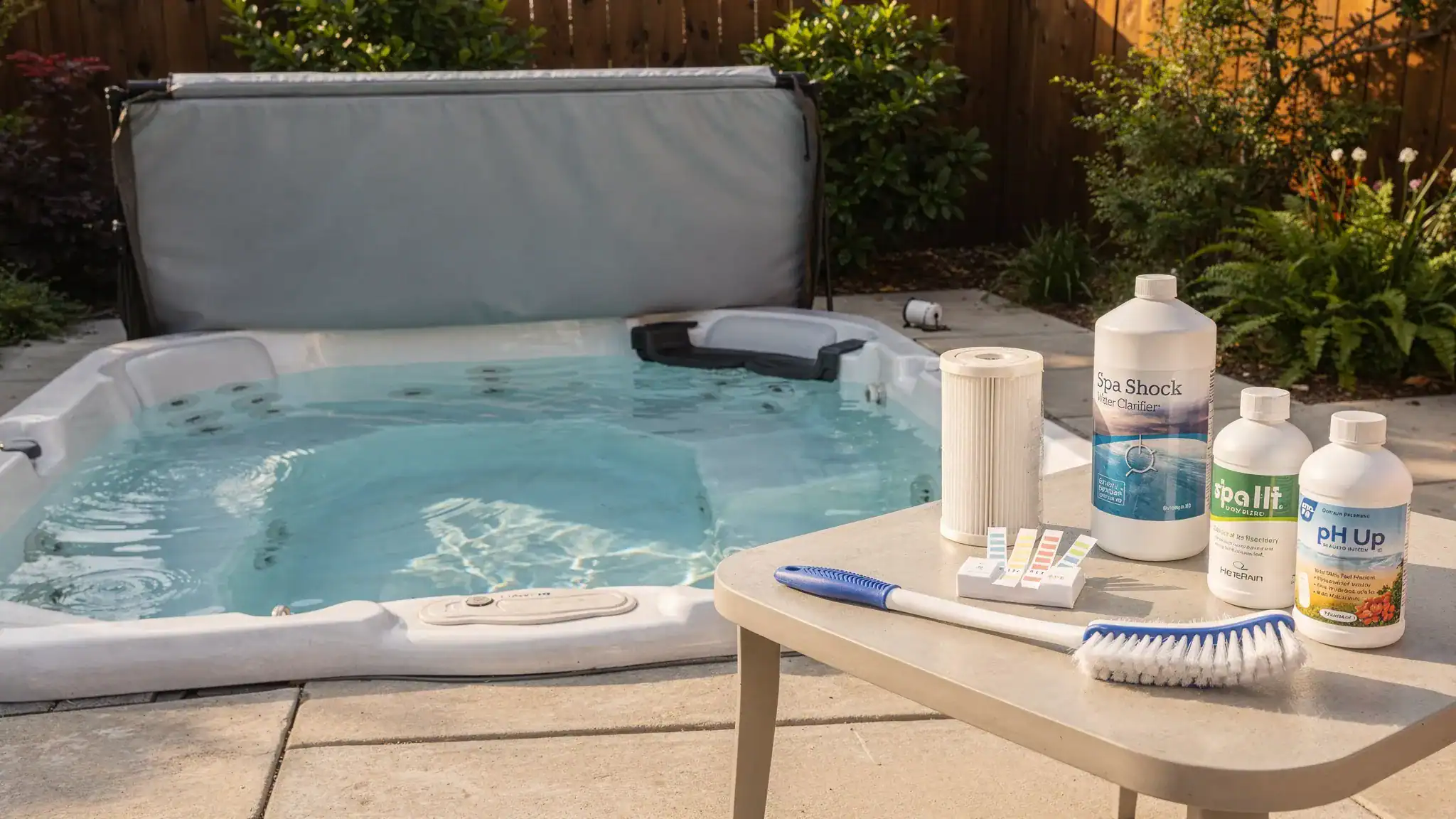 A clean backyard hot tub with the cover folded open, test strips, filter cartridge, spa brush, and water care supplies arranged neatly on a nearby table.