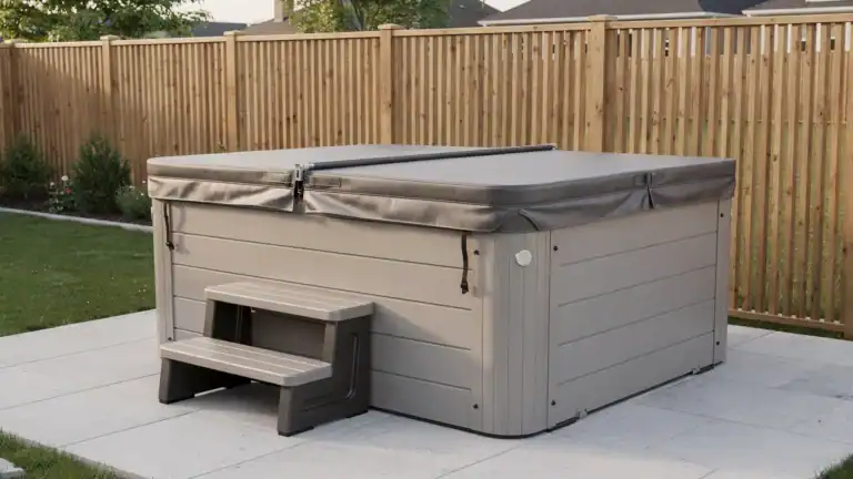 A compact hard-shell hot tub on a small backyard patio with steps, an insulated cover, privacy screening, and clear walking space around the cabinet.