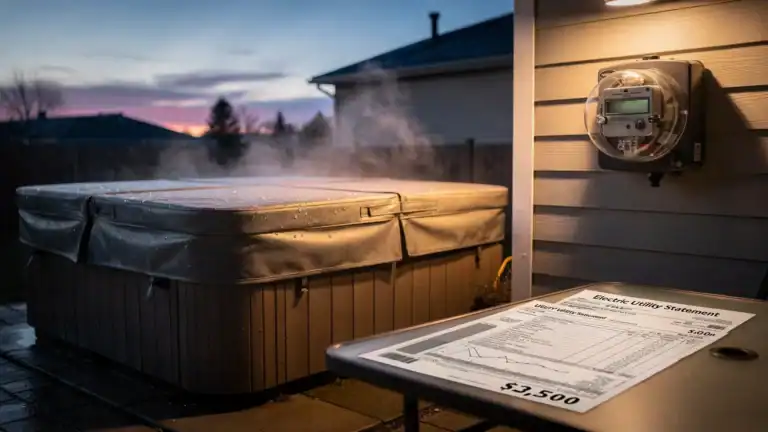 A covered outdoor hot tub on a patio at dusk with a nearby electric meter and a utility bill on a table, showing the connection between insulation, weather, and monthly power costs.