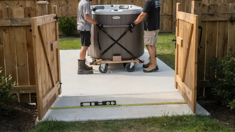 A delivery crew moving a hard-shell hot tub on its side through a backyard gate toward a prepared concrete pad, with measuring tape, level ground, and clear access visible.