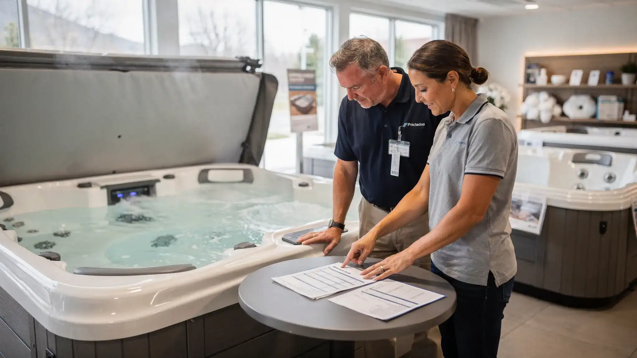 A homeowner and hot tub dealer standing beside an open hot tub in a showroom, reviewing an itemized quote and warranty paperwork on a small table.