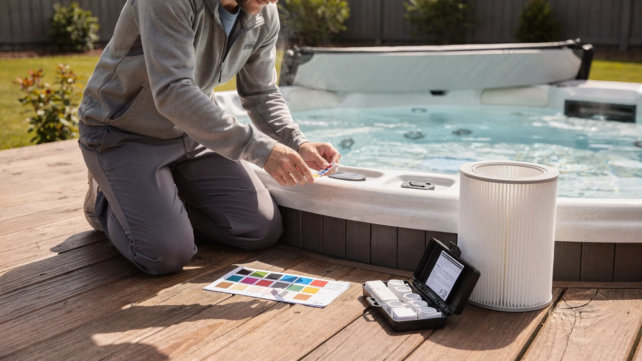 A homeowner testing hot tub water beside an open spa cover, with test strips, a clean filter cartridge, and a small maintenance kit arranged on the deck.