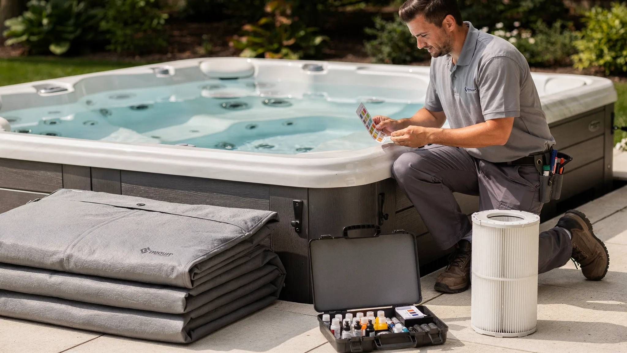 A hot tub service technician testing water beside an open outdoor spa with a clean filter cartridge, test kit, and folded cover nearby.