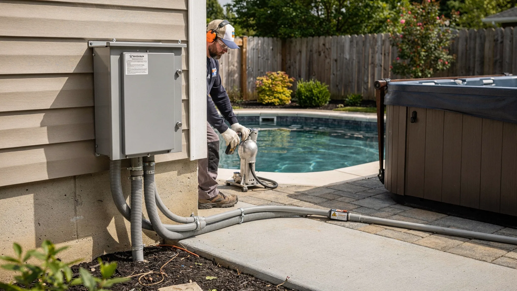 A licensed electrician working beside an outdoor spa disconnect box near a backyard hot tub, with conduit running safely from the home to the spa location and the hot tub set on a level patio.