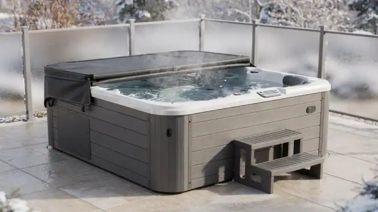 A premium hard-shell hot tub on a backyard patio in cold weather, with a tight-fitting insulated cover partly folded back, visible steam, surrounding wind protection, steps, and a nearby service access panel.