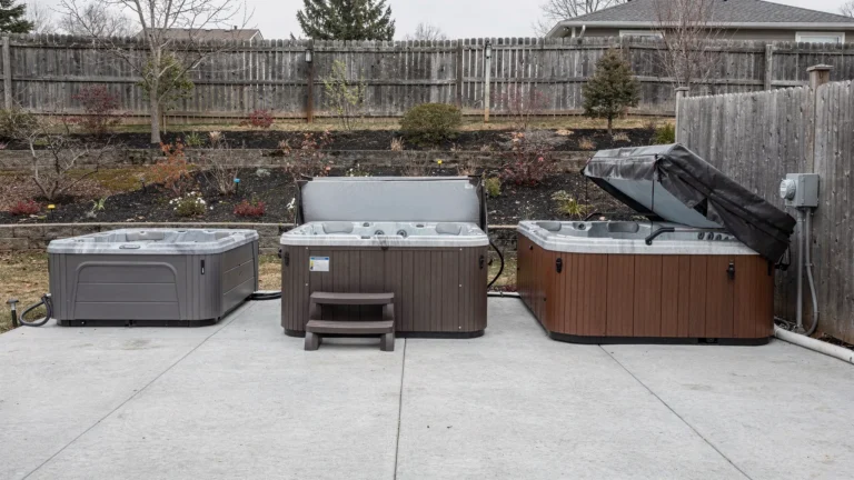Wide, eye-level view of a concrete backyard pad holding three hard-shell hot tubs — a compact plug-and-play model, a mid-size family spa, and a premium cabinet spa with a cover lifter — arranged with visible service clearance and a nearby weatherproof electrical disconnect box.