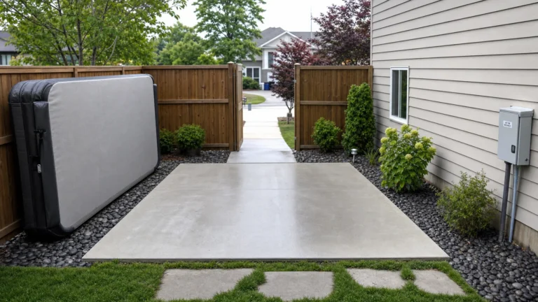 A backyard patio prepared for a hot tub with a level concrete pad, a clear delivery path through a gate, an insulated spa cover nearby, and an exterior electrical disconnect box positioned safely away from the water area.