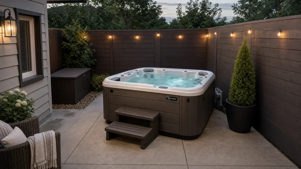 A compact hard-shell hot tub installed on a small backyard patio with a level base, steps, nearby privacy fencing, and enough open space around the cabinet for service access.