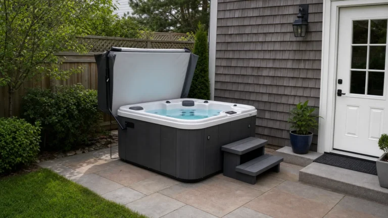 A compact two-person hard-shell hot tub on a small backyard patio near a house door, shown from a wider angle with the cover open, steps beside the spa, and clear space around the unit for access and maintenance.